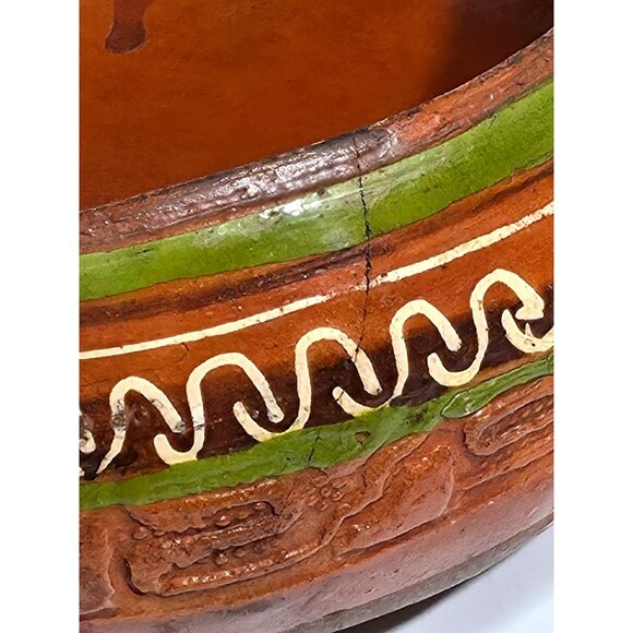 Handcrafted Vintage Folk Art Mexican Clay Pottery Bowl With Green White Accents - Picture 10 of 12